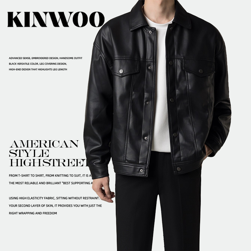 【ขายดี】KINWOO เสื้อแจ็กเก็ตหนังโค้ทผู้ชายสีดำ หนังPUย้อนยุค หน้าหนาว / หน้าศิลา เกาหลี ทรงหลวม Unisex - ใส่ได้ทุกวัน ส่งเร็วแน่นอน！