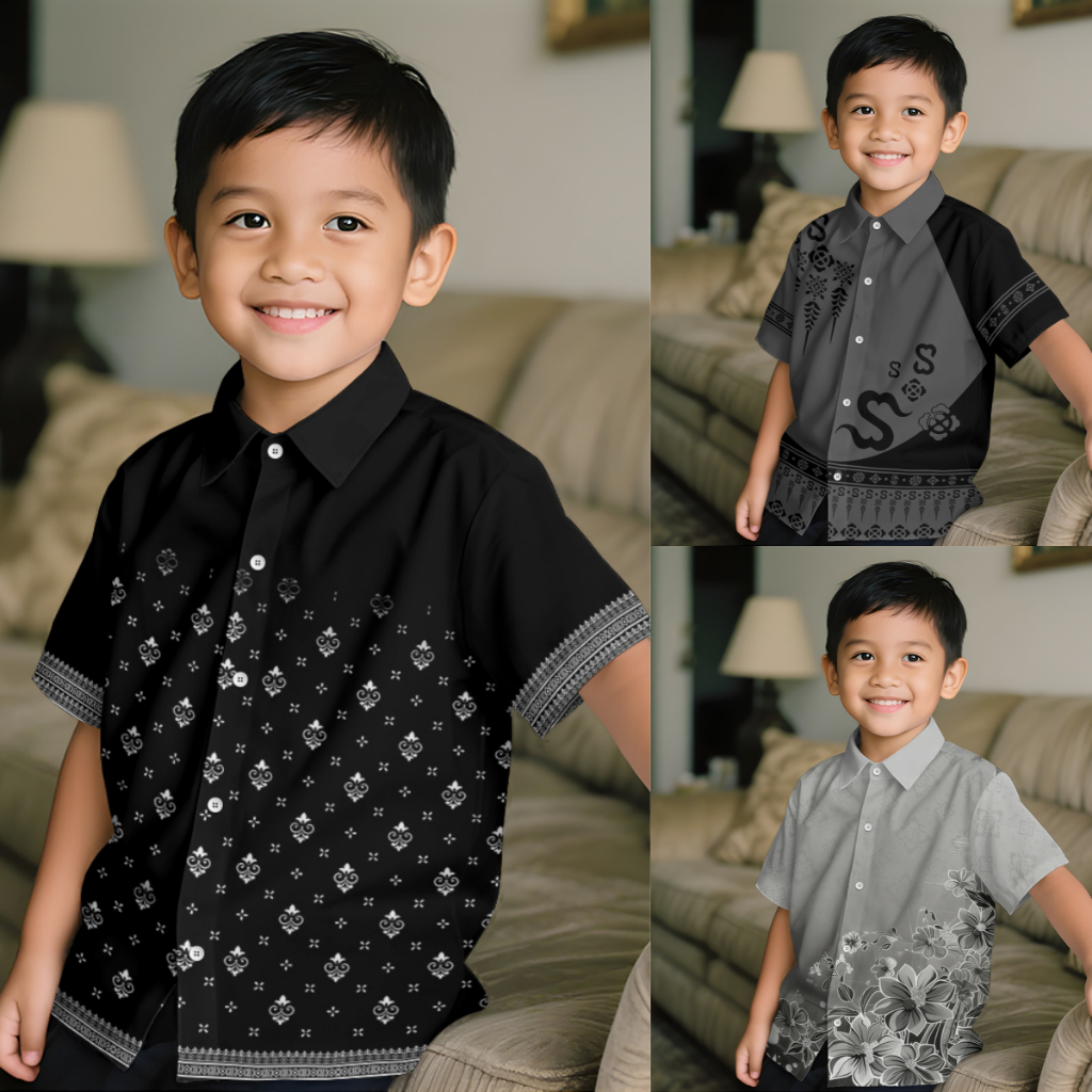 เสื้อเด็กสไตล์ชาติพันธุ์สีดำลายไทยวินเทจหลวมพอดีแขนสั้นนุ่มระบายอากาศ