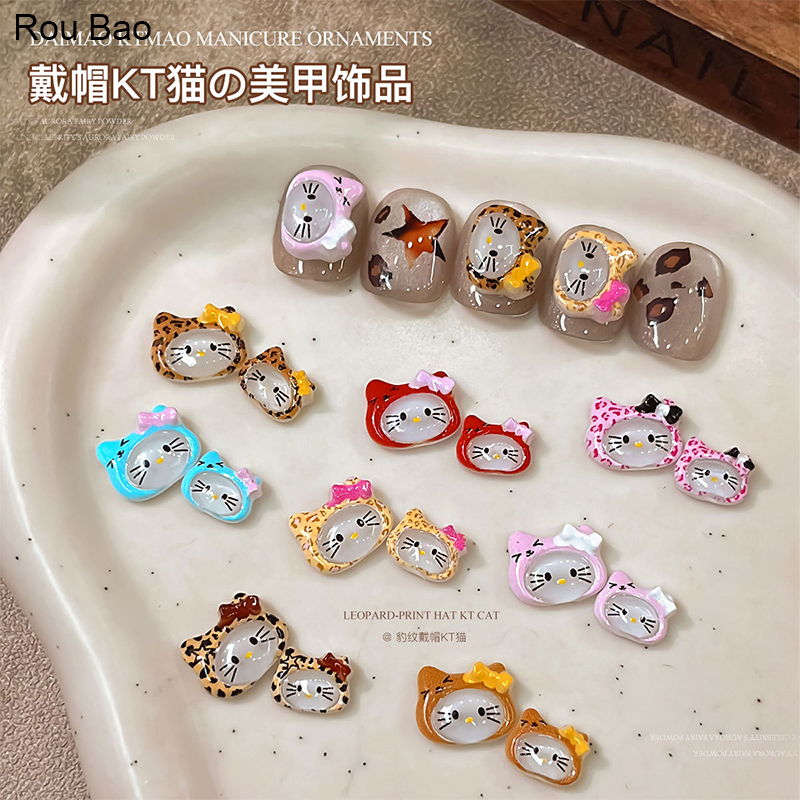 Rou Bao 50 ชิ้นเล็บน่ารักเสือดาวพิมพ์หมวก Kitty แมวการ์ตูน Girly 3D เรซิ่นเล็บ Art DIY Charms ตกแต่ง