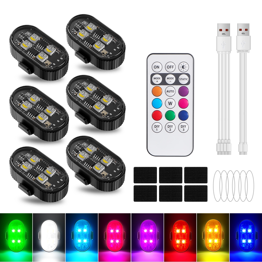 CHEMINI 1X6PCS Universal LED ไร้สายชาร์จ USB LED รถจักรยานยนต์/ไฟเตือนโดรน