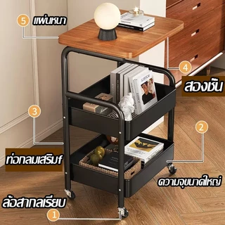 พื้นที่จัดเก็บ รถเข็นเดสก์ทอปไม้ที่มีล้อชั้นเก็บขนมขบเคี้ยวโต๊ะด้านข้างโต๊ะกาแฟง่ายต่อการย้ายติดตั้งง่าย