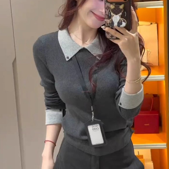 เสื้อกันหนาวสำหรับฤดูใบไม้ร่วง-หนาว กางเกงขายาวถักสั้นแบบสแลค สวมใส่ง่าย