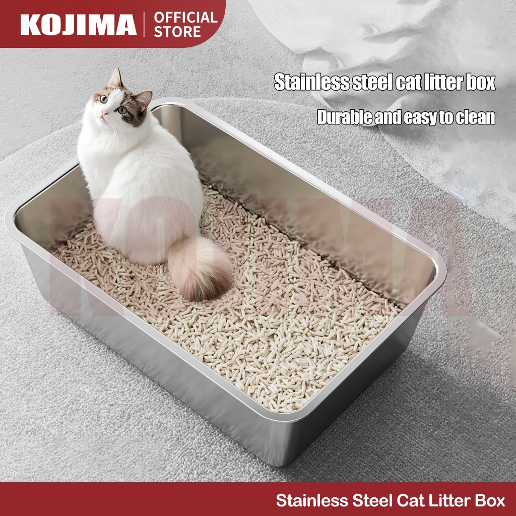 KOJIMA กระบะทรายแมวสแตนเลส ขอบสูง กันทรายกระเด็น ห้องน้ำแมวขนาดใหญ่ ทำความสะอาดง่าย 50x35x15cm