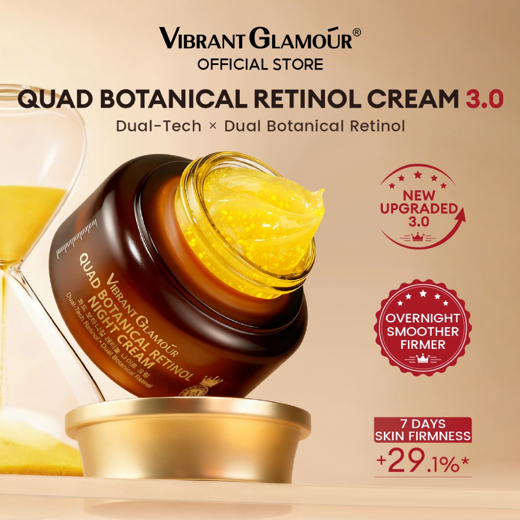VIBRANT GLAMOUR Quad Botanical Retinol Night Cream 3.0 | Bakuchiol + เปปไทด์ + คอลลาเจน + กรดไฮยาลูโรนิก | Overnight Repair & Lifting & Smoothing for Sensitive Skin Care 30g