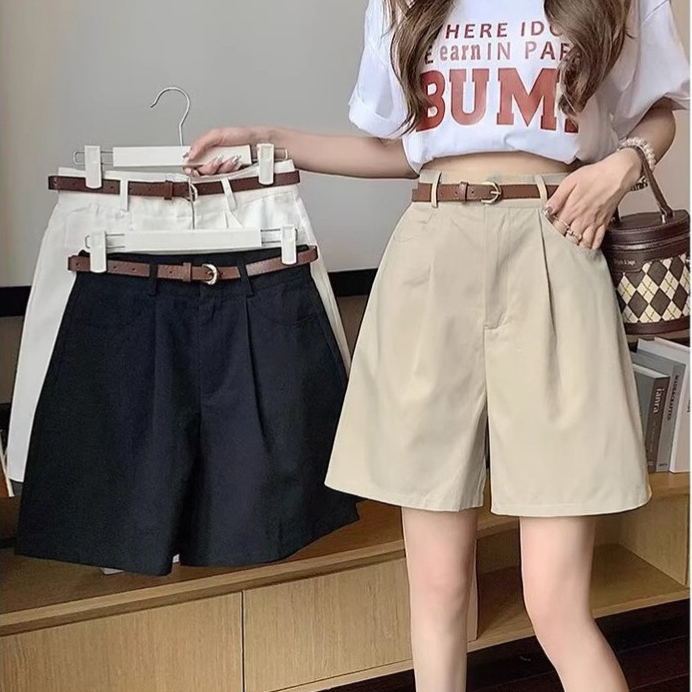 Laterme S-6XL กางเกงขาสั้นผู้หญิงเอวสูงทรงตรงขากว้างสบายยาวห้าส่วน