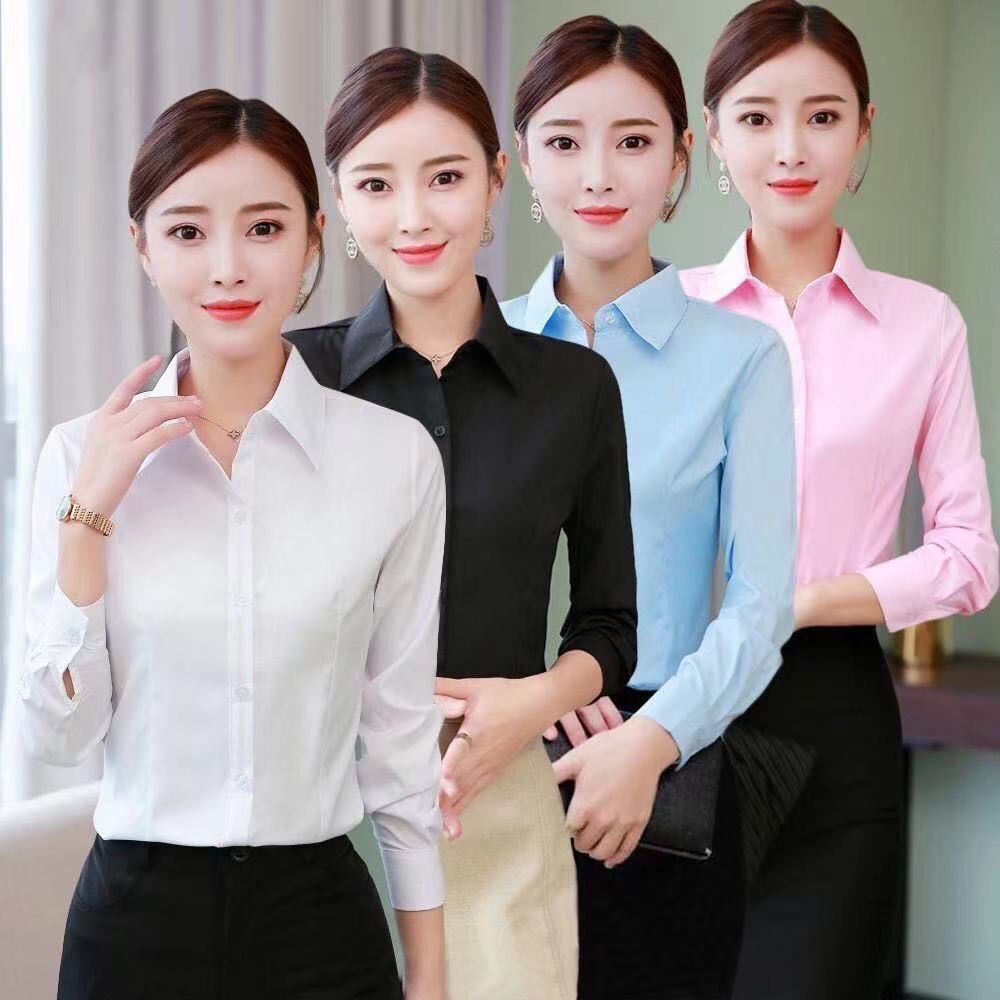 เสื้อเชิ้ตแขนยาวทางการธุรกิจสําหรับทํางานและสํานักงาน คอปกสีทึบ แบบสลิมฟิตสำหรับผู้หญิง