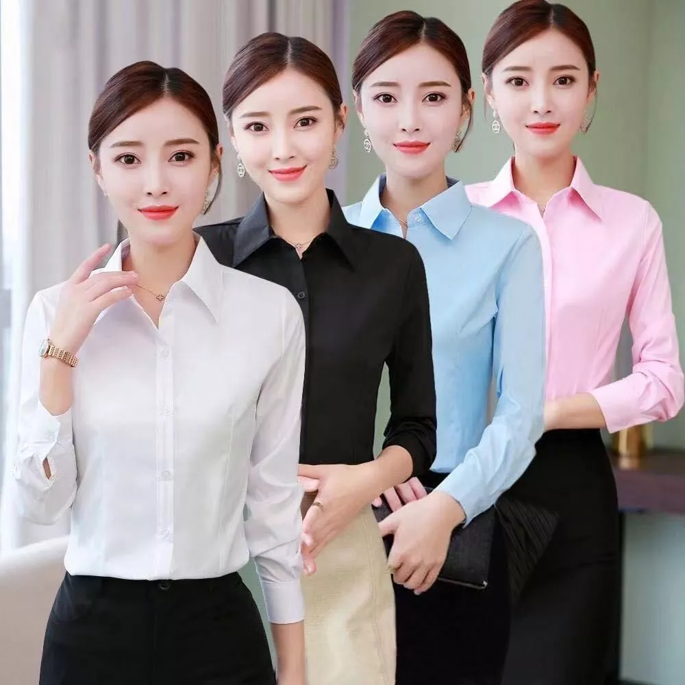 เสื้อเชิ้ตแขนยาวทางการธุรกิจสําหรับทํางานและสํานักงาน คอปกสีทึบ แบบสลิมฟิตสำหรับผู้หญิง