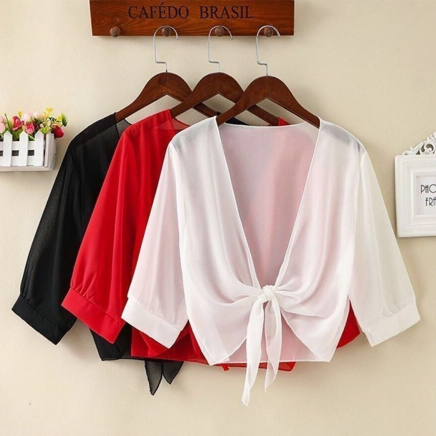 เท่านั้น Top Fashion Thin Chiffon Cardigan Half Sleeve, Solid Color Sun Cape Thin Soft Fabric (ไม่มีชุด)