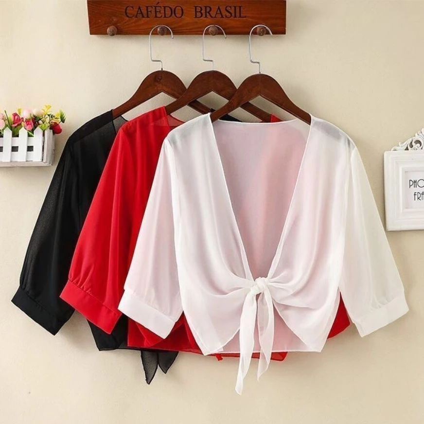 แฟชั่นคาร์ดิแกนชีฟองบางครึ่งแขน,สีทึบเสื้อคลุมดวงอาทิตย์ผ้าบางนุ่ม (เฉพาะเสื้อ)