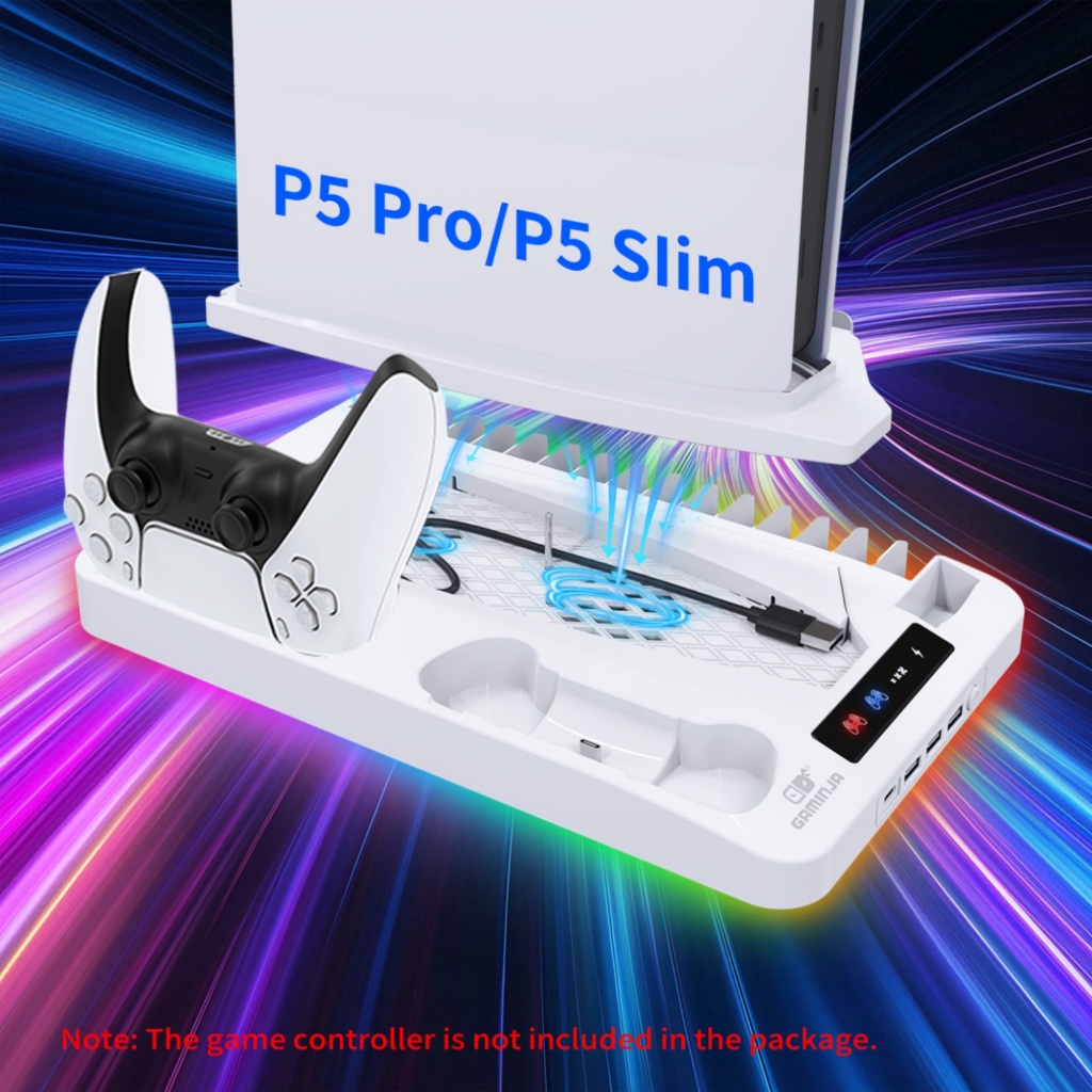 ฐานระบายความร้อน RGB ฐานพัดลมระบายความร้อนมัลติฟังก์ชั่น ปล5 ใหม่พร้อมไฟ 7 สี, ตะขอหูฟัง, ชั้นวางแผ่นดิสก์, และแท่นวางคอนโทรลเลอร์คู่