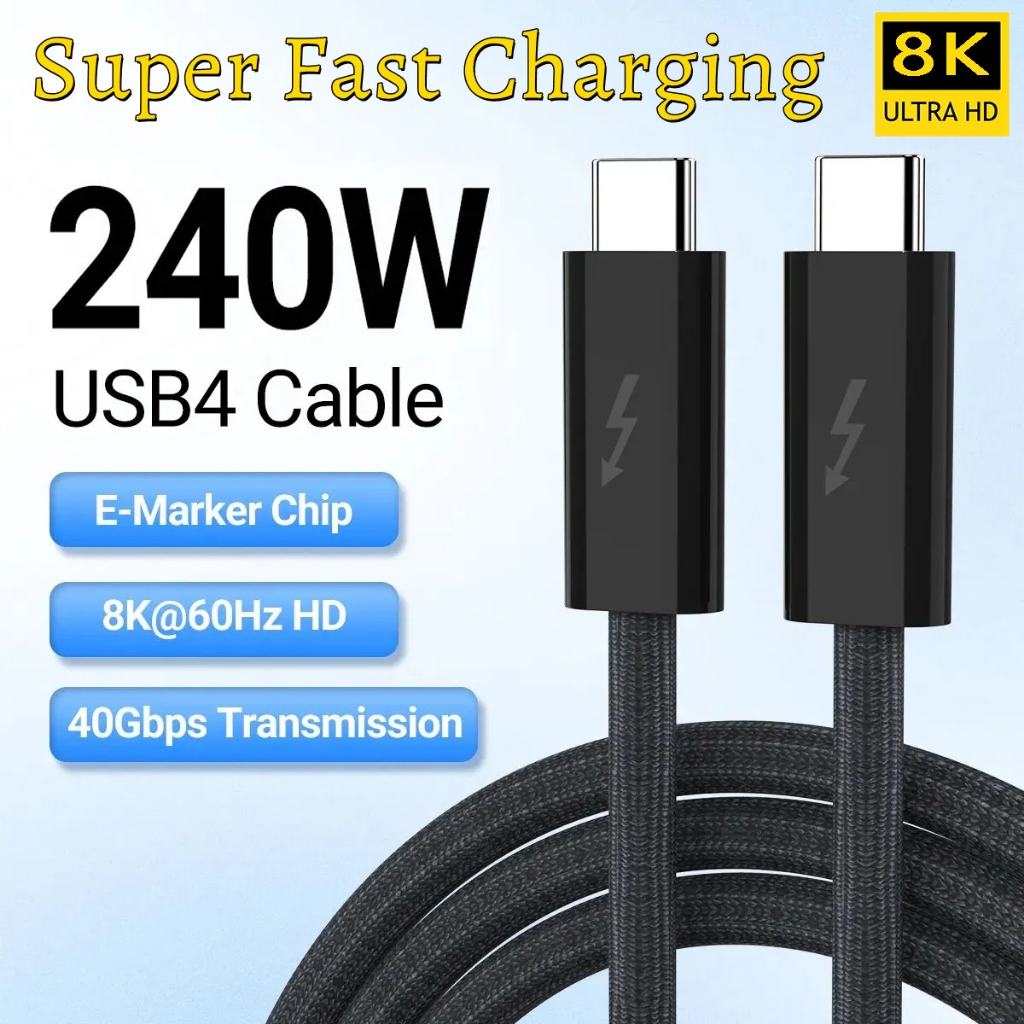 USB 4.0 Dual Type-C 240W Fast สายชาร์จ 40Gbps ความเร็ว 8K @ 60Hz HD Video Support Thunderbolt 3/4 สํ