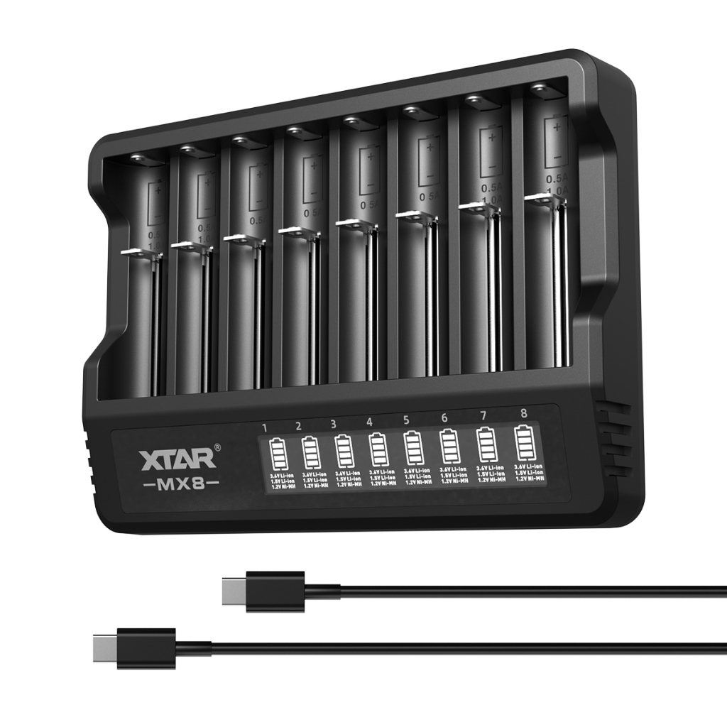 XTAR ใหม่ MX8 Multi-Bay Smart Charger - 8-Slot Universal Charger สําหรับ 3.7V Li-Ion, 1.2V Ni-MH & 1