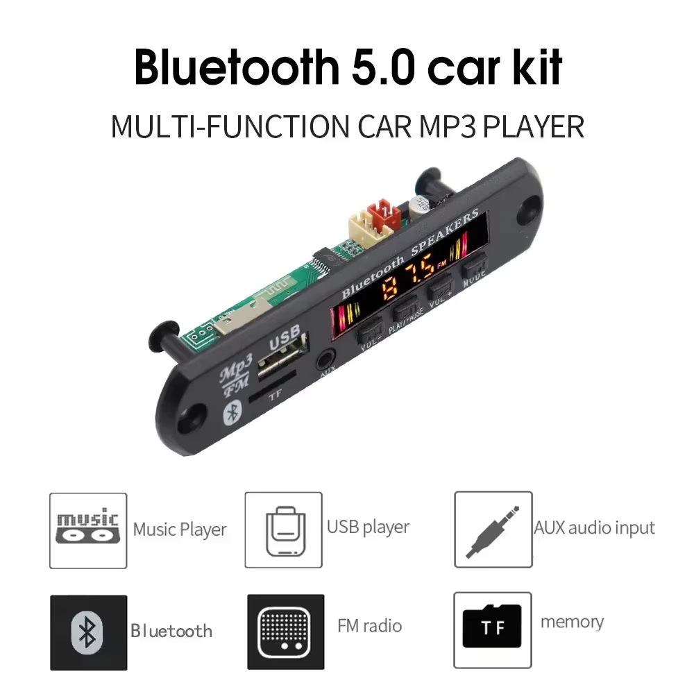บลูทูธ 5.0 MP3 เครื่องเล่นถอดรหัส 2X3W วิทยุ FM TF USB 3.5 มม.AUX โมดูลบลูทูธตัวรับสัญญาณรถชุดเสียงร