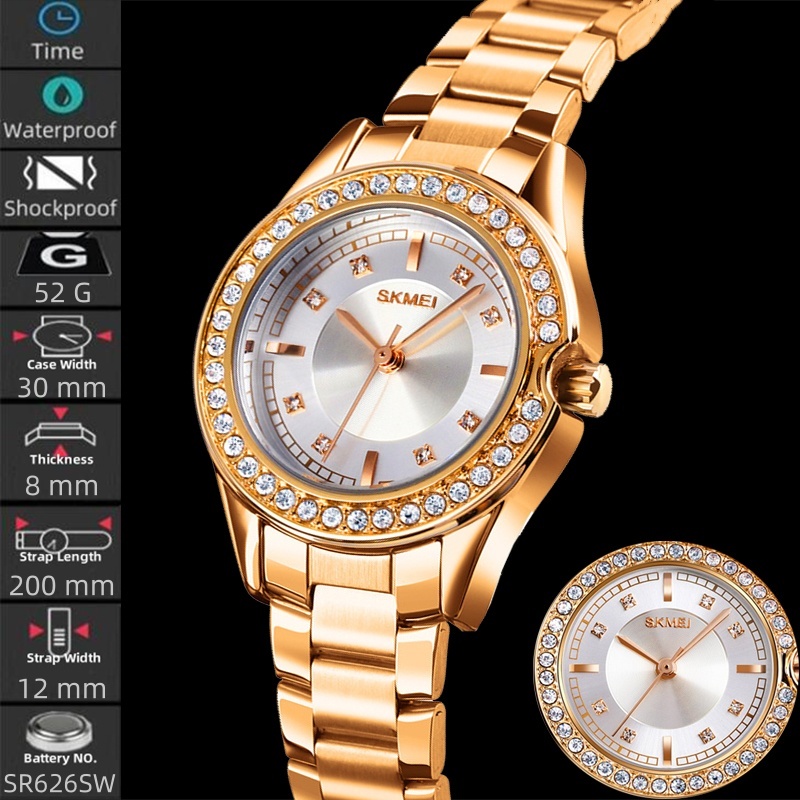 Skmei ผู้หญิงs Quartz Analog นาฬิกาแฟชั่น Rhinestone Dial สายสแตนเลสนาฬิกาข้อมือกันน้ํา