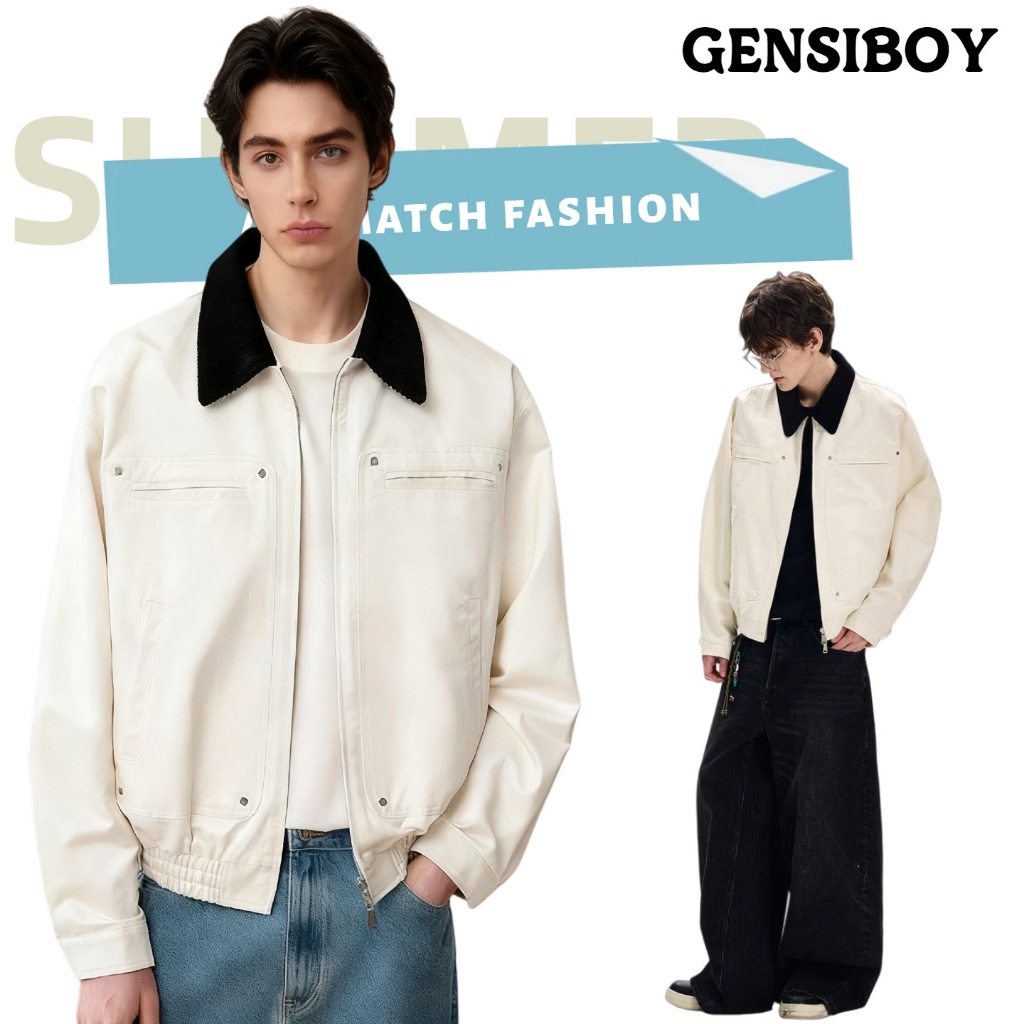 Gensiboy-แจ็คเก็ตยีนส์ผู้ชาย แขนยาว คอพับสั้น สีกากีและสีขาว สไตล์อเมริกันวินเทจ มีซิป หลวม M-3XL