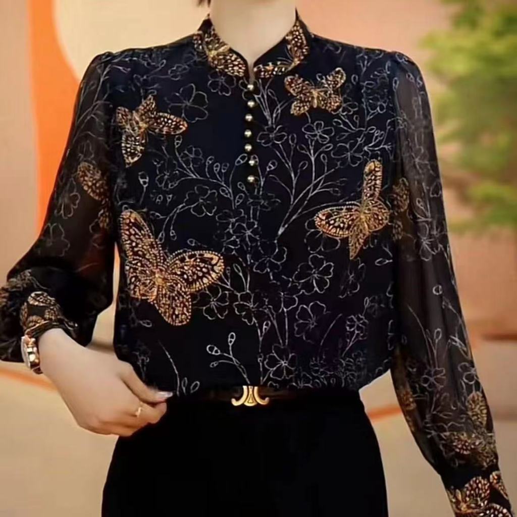 เสื้อแขนยาวสไตล์เกาหลียางยืด พิมพ์ลายดอกไม้