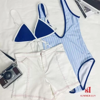 [SUMMER LUV] ส่งไวจากไทย กางเกงขาสั้นชุดว่ายน้ำลายทางสีน้ำเงิน เซ็กซี่และน่ารัก