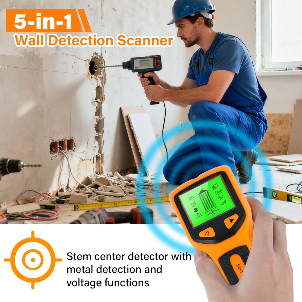 5 in 1 Wall Stud Detector Professional Wall Detector Backlight Wall Finder ไม้ AC สายไฟเครื่องสแกนเนอร์โลหะสําหรับตกแต่งบ้าน