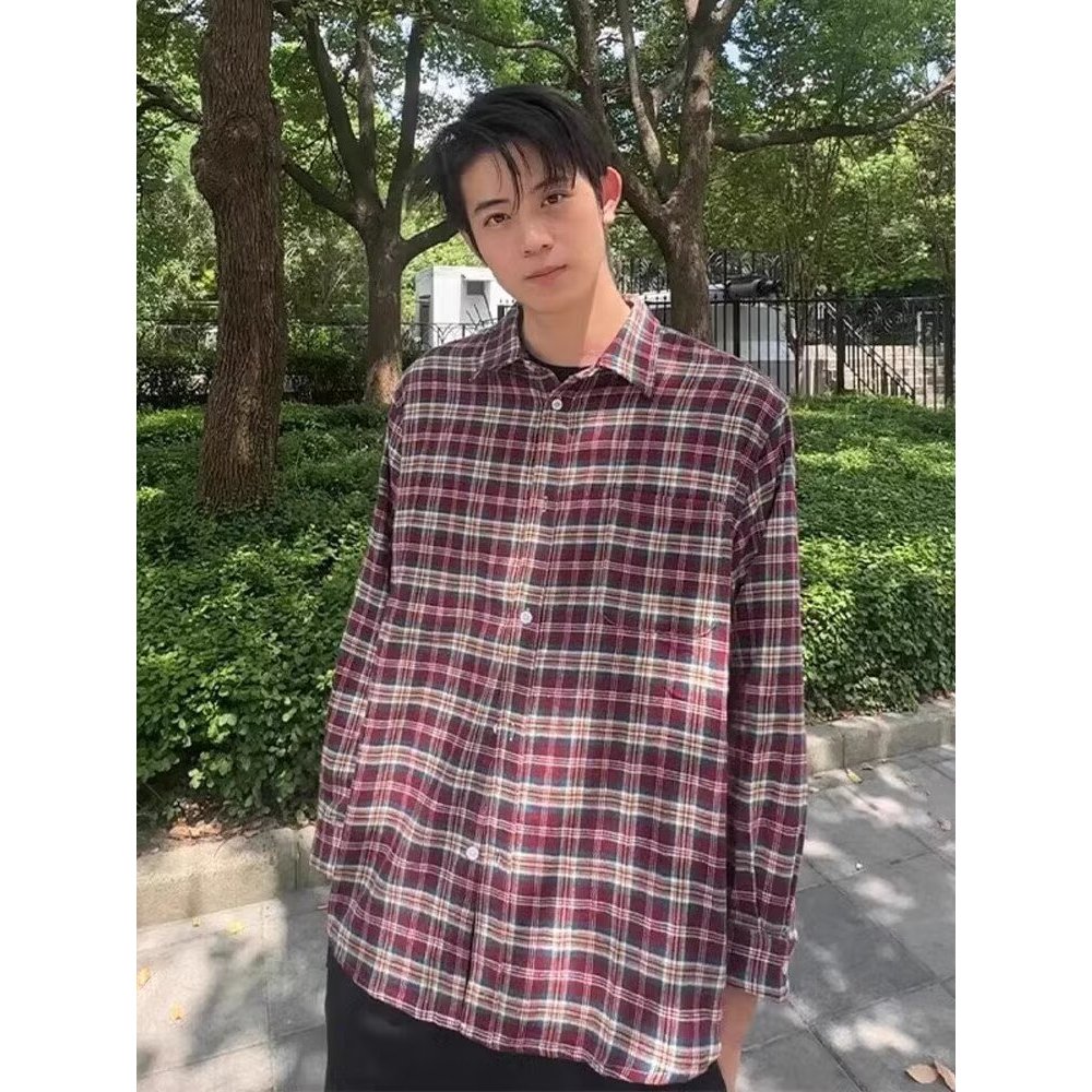 Retro High Street Loose All-Match American Casual หล่อเสื้อแขนยาวลายสก๊อต