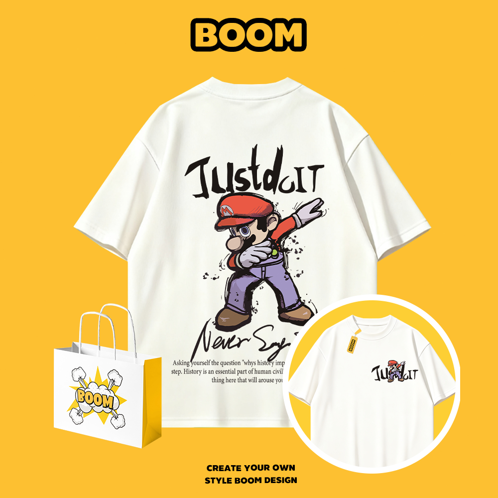 BOOM เสื้อยืดผู้ชาย ผ้า cotton 100% แขนสั้น Super Mario ลายการ์ตูน ทรงหลวม นุ่มสบาย สไตล์เกาหลี