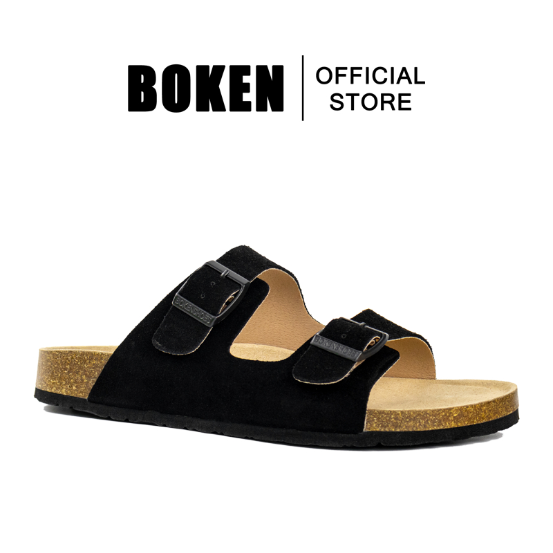 BOKEN Unisex Arizona Slippers Sandals Sandals Suede Cork Footbed Adjustable Two Strap - สีดํา