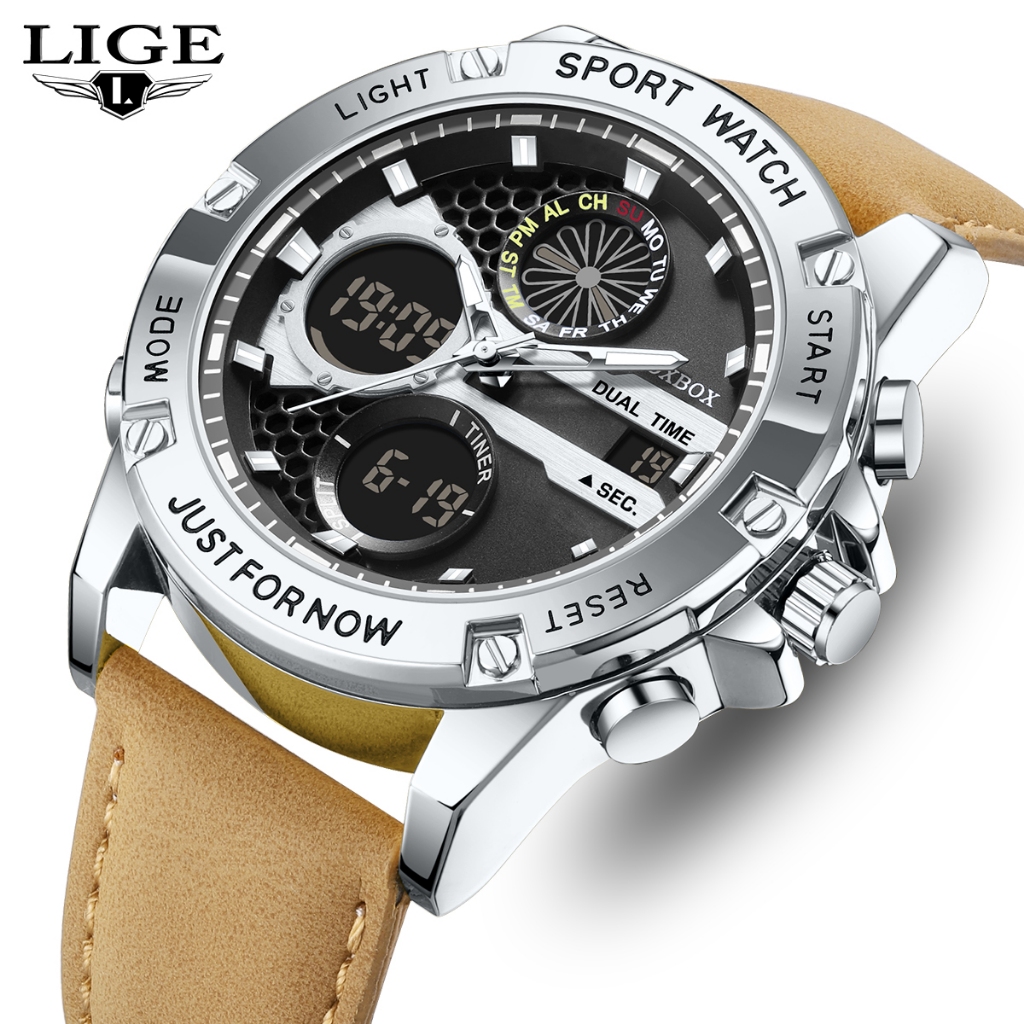 FOXBOX นาฬิกาดิจิตอลผู้ชายกีฬากลางแจ้ง Electronics นาฬิกาแฟชั่นสายหนังกันน้ํา Luminous Dual Watch