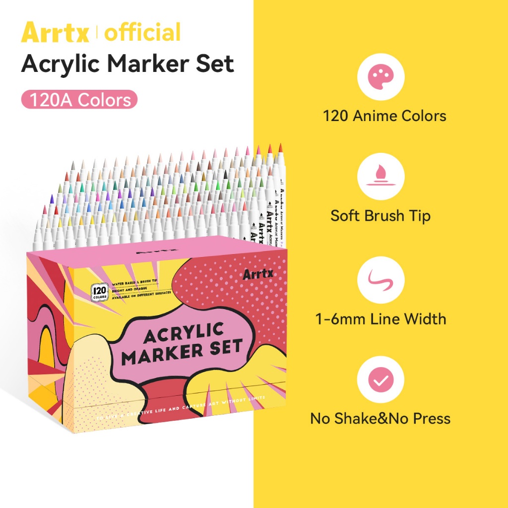 ใหม่Arrtx 120 อะนิเมะสีอะคริลิคเครื่องหมายสี,1-6มิลลิเมตรแปรงเคล็ดลับน้ําตามปากกาสีอะคริลิคสําหรับการวาดภาพ,ภาพวาดหิน