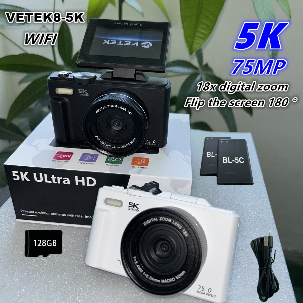 VETEK8-5K กล้อง 75MP Digital Camera 3.0Flip Screen 18X Digital Zoom Portable Camera