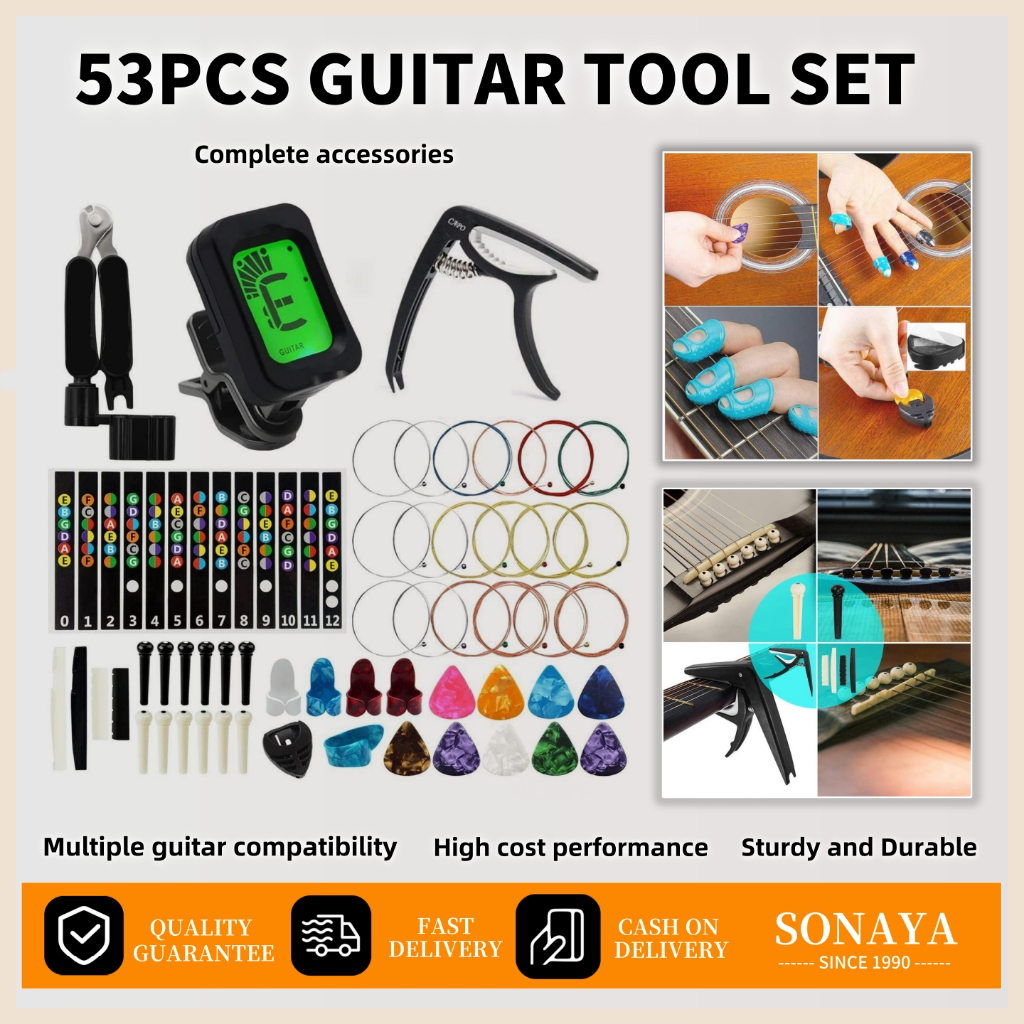 ชุดอุปกรณ์กีตาร์ 65/66ชิ้น พร้อมคาโป้ ปิ๊ก สาย และจูนเนอร์ – ชุดเครื่องมือกีตาร์ครบชุดสำหรับมือใหม่
