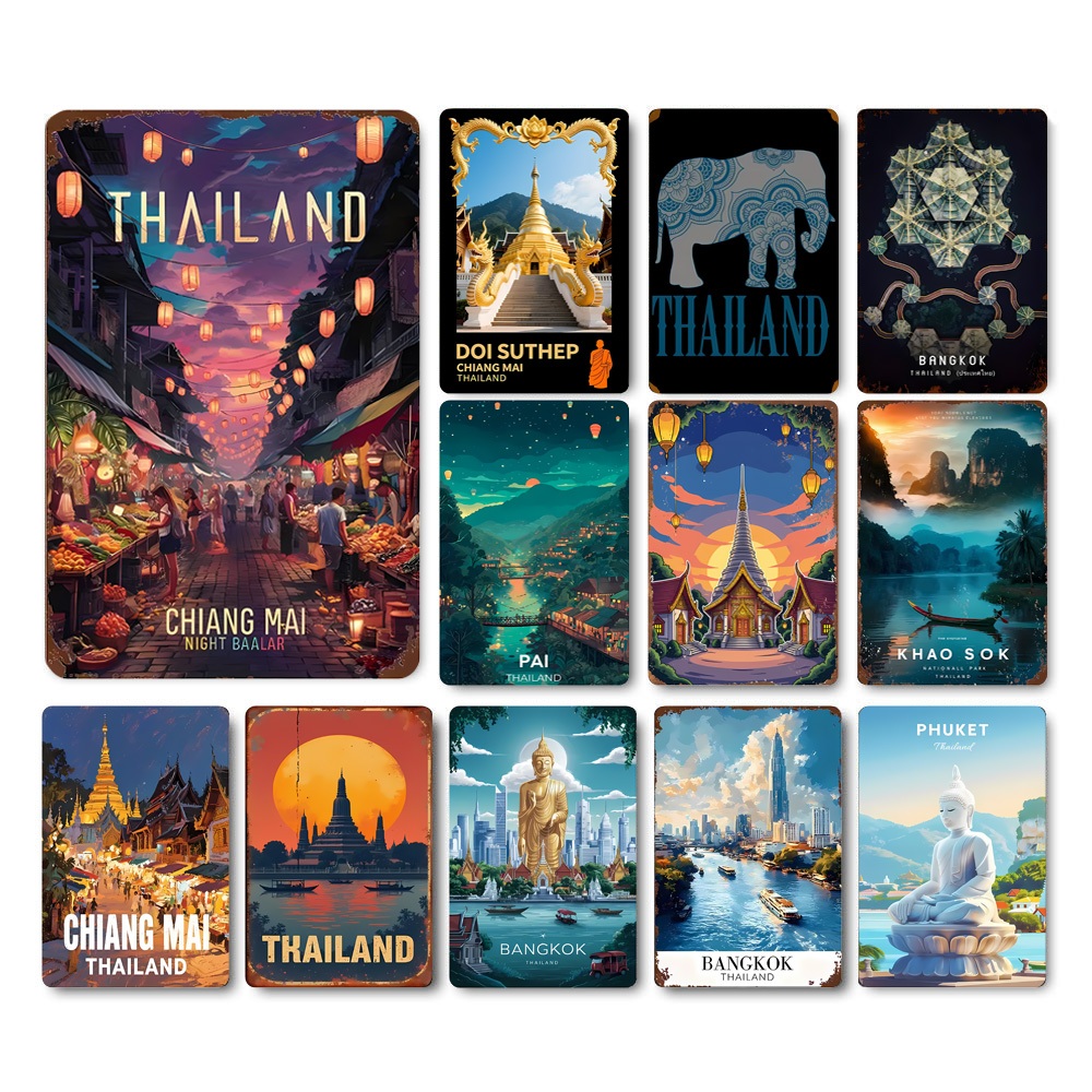 ภาพวาดตกแต่งเมืองไทยสมัยใหม่ ป้ายโลหะไทยทันสมัย ​​ขนาด 20*30 ซม. ภาพวาดตกแต่งร้านค้า/โรงแรมแบบไร้กรอบ