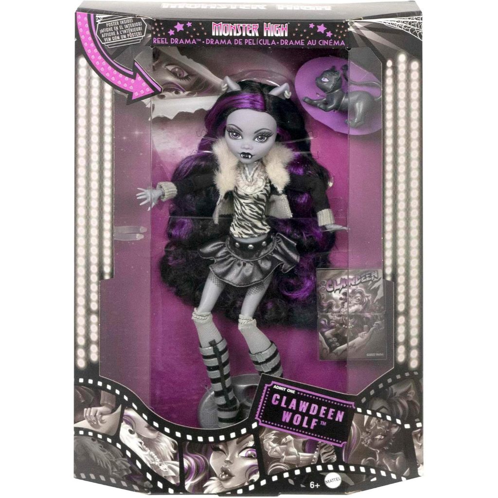 Monster High Reel Drama Doll, Clawdeen Wolf ในสีดําและสีขาว, Reproduction สะสมพร้อมโปสเตอร์ขนาดตุ๊กต