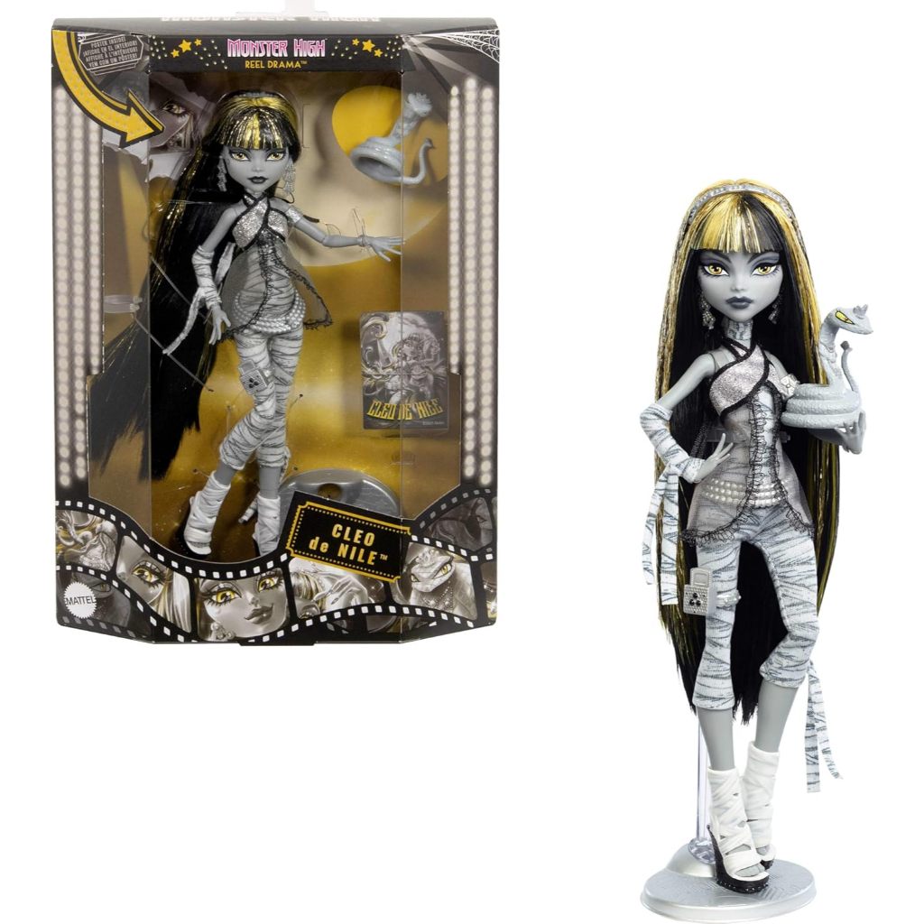 Monster High Reel Drama Doll, Cleo De Nile Black and White Reproduction Collectible with Doll-Size P