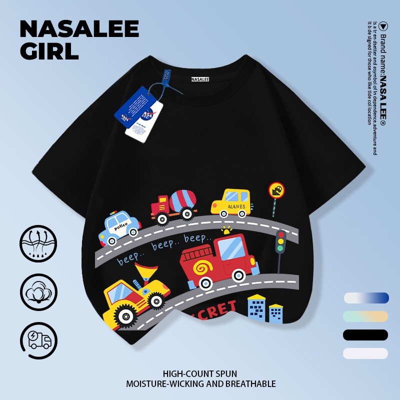 【ส่งในวันเดียวกัน】เสื้อยืดเด็ก NASA สีดำ ผ้าฝ้ายระบายอากาศดี ลายรถยนต์น้อย 3-16 ปี ชาย-หญิง ทรงสวมใส่สบาย