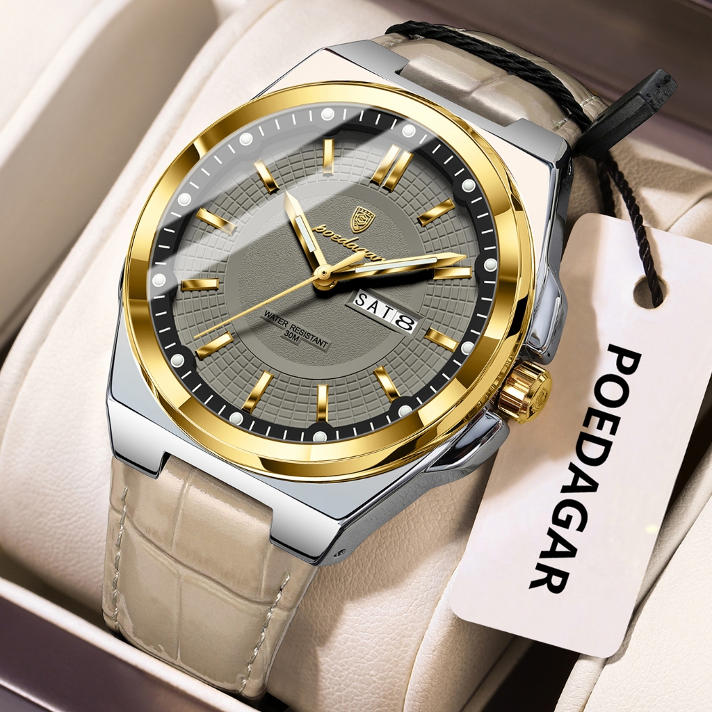 POEDAGAR Luxury Man นาฬิกาควอตซ์กันน้ํา Luminous วันที่สัปดาห์หนังผู้ชายนาฬิกาข้อมือทหารกีฬานาฬิกาผู้ชาย