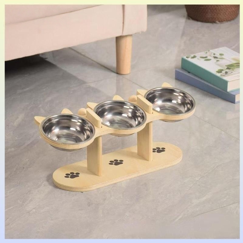 ชามอาหารสัตว์แบบยกสูง พร้อมขาตั้งไม้ 3ชาม สำหรับหมาแมว ดีไซน์เกาหลี ทำความสะอาดง่าย Elevated Wooden Pet Bowl - รูปที่ 7