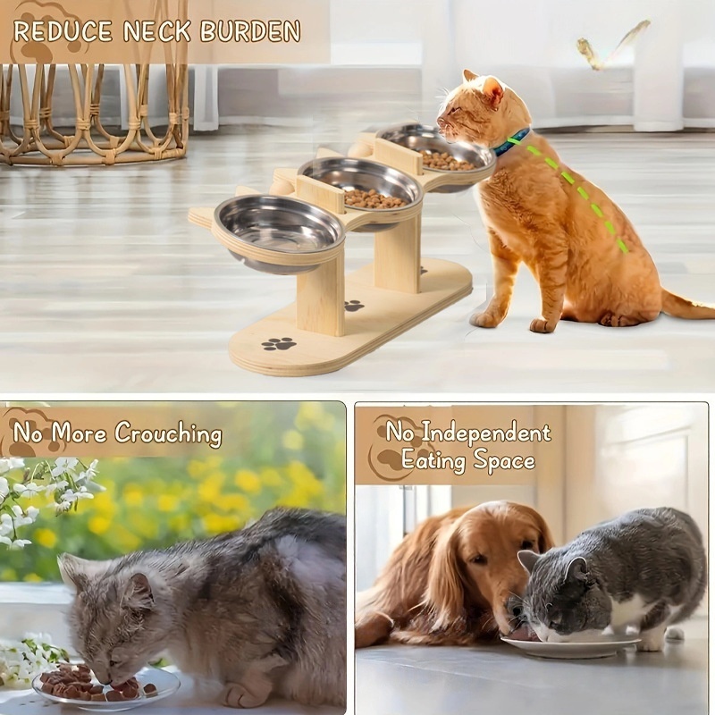 ชามอาหารสัตว์แบบยกสูง พร้อมขาตั้งไม้ 3ชาม สำหรับหมาแมว ดีไซน์เกาหลี ทำความสะอาดง่าย Elevated Wooden Pet Bowl - รูปที่ 6