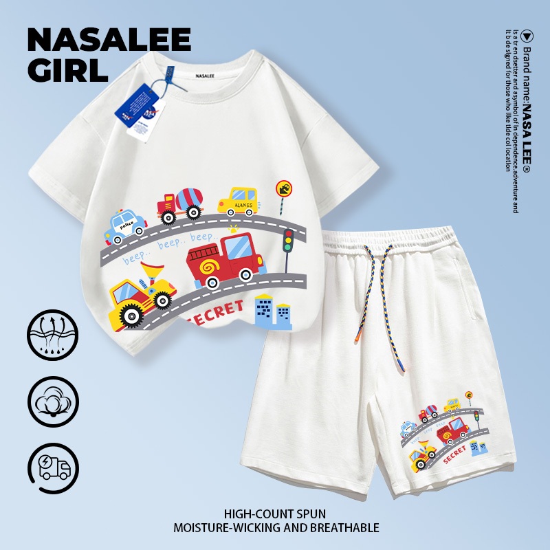 【ส่งในวันเดียวกัน】ชุดเด็ก NASA 2 ชิ้น สีขาว ผ้าฝ้าย ลายรถยนต์น้อย 3-16 ปี ชาย-หญิง ทรงสวมใส่สบาย