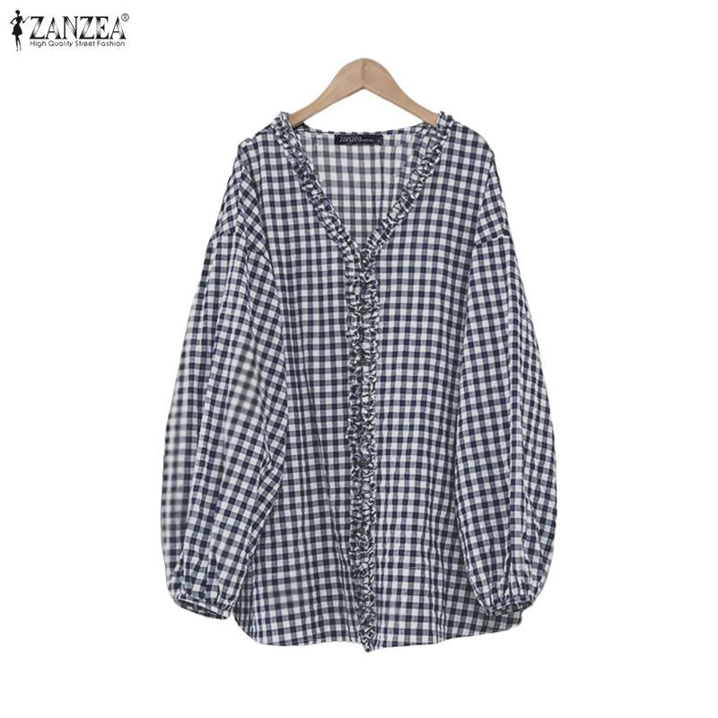 ZANZEA เสื้อเชิ๊ตเกาหลีสำหรับผู้หญิง แบบคอ 3/4 แขนพัฟ tie-up ruffles สไตล์เรียบร้อย