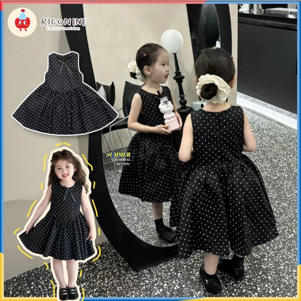 [RICONINI] ชุดเดรสเด็กผู้หญิงลายจุดสีดําชุดเจ้าหญิงฤดูร้อนชุดเด็กสุดเก๋