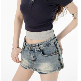 Laterme S-6XL กระโปรงกางเกงยีนส์สั้น ด้านข้างมีซิป