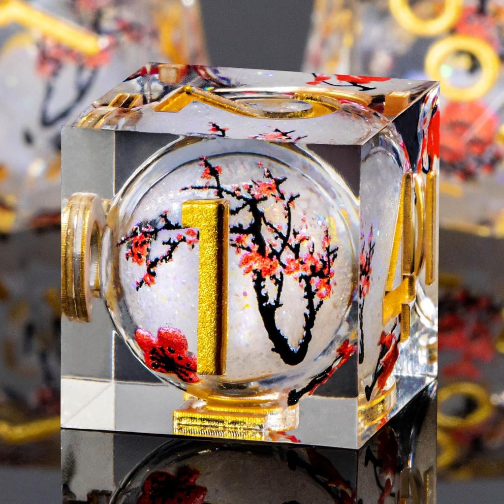 ชุดลูกเต๋าเล่นตามบทบาทแกนเหลว, ลูกเต๋า D&D พลัมแดงพร้อมเคส, เรซินคม D&D ชุดลูกเต๋ารวม D20/D12/D10/D8