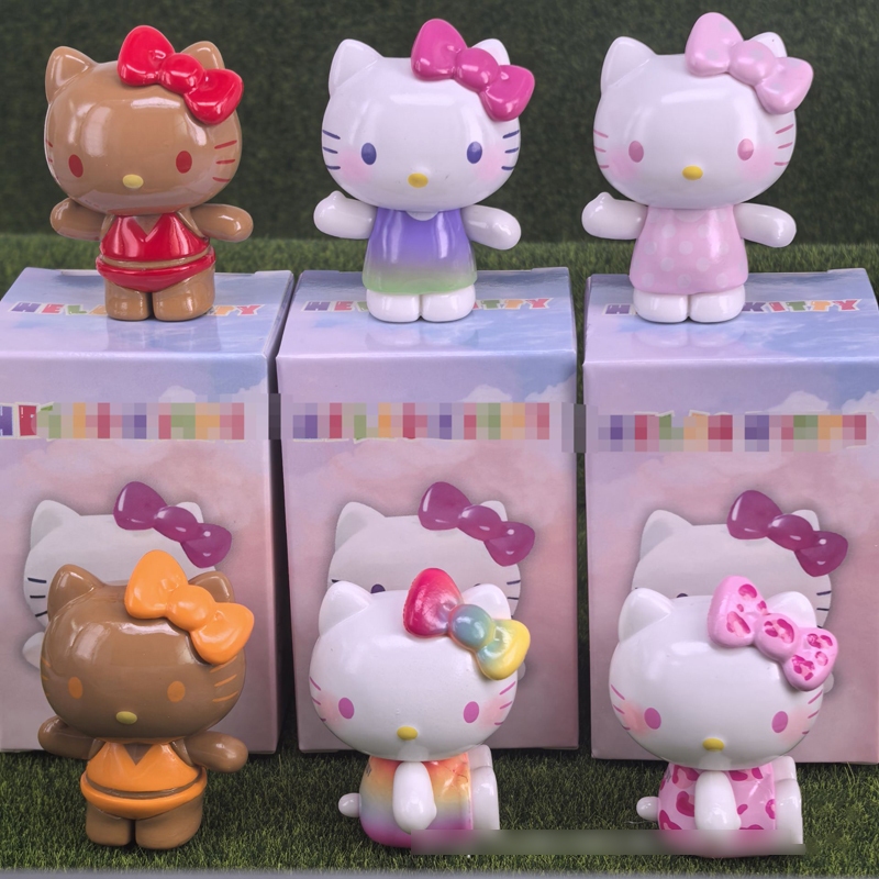 6 ชิ้น/เซ็ตใหม่หล่อผิว Hello Kitty ฤดูร้อน Rainbow Candy Series กล่อง Mini Kawaii Action Figure โต๊ะตกแต่งเครื่องประดับสะสมของขวัญ