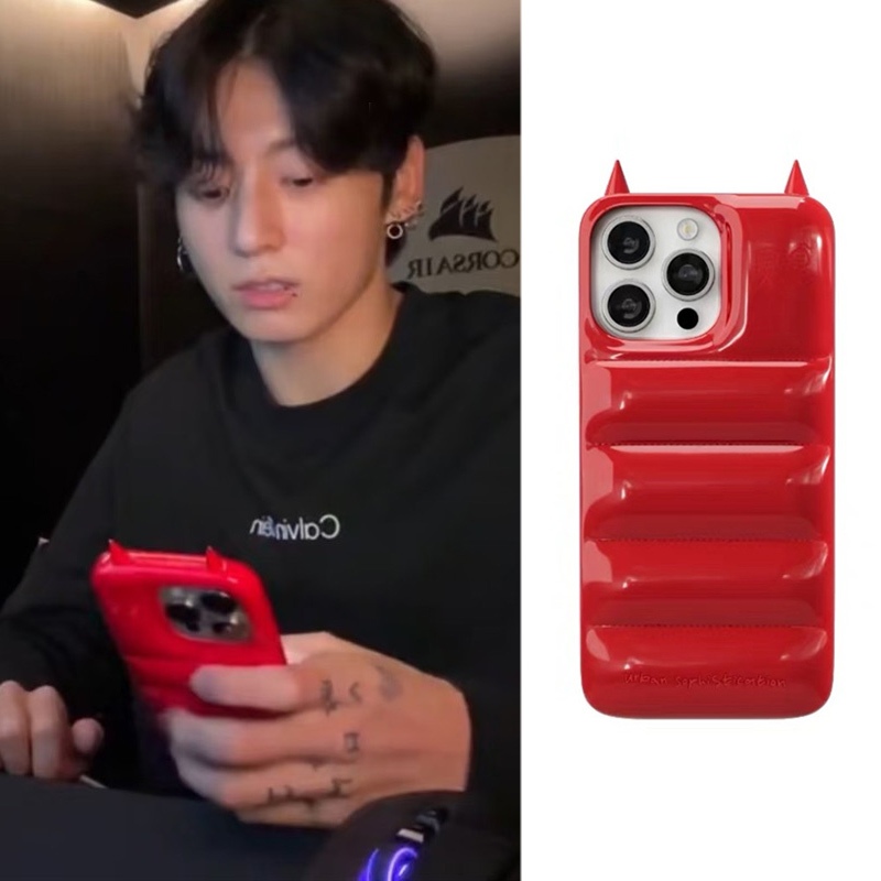 Jung Kook สีแดงปักเป้าสําหรับ iPhone 17 12 13 14 15 16 Pro Max 17Pro Air ตลก Devil Horns หรูหราลงแจ็คเก็ตป้องกันปกหลัง