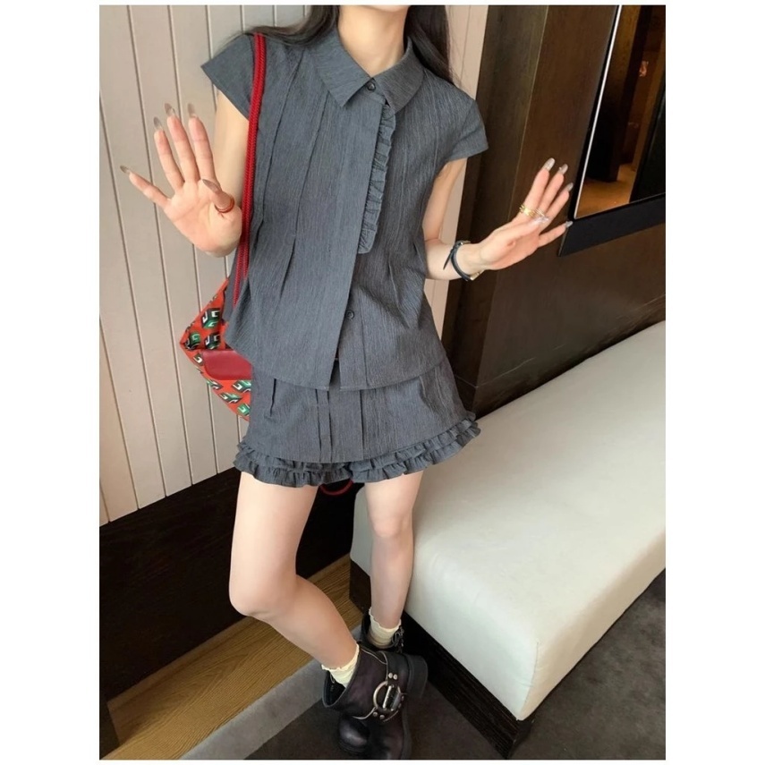 Sephia Shop ใหม่ขี้เล่นย้อนยุคลูกไม้เสื้อขนาดเล็กด้านบนเอวสูงกระโปรงกางเกงผู้หญิงชุดสองชิ้น SP320