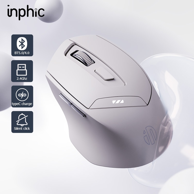 Inphic DR6 เมาส์บลูทูธไร้สาย 2.4G+ บลูทูธ 5.0/4.0 สามโหมด 2400dpi ออกแบบตามสรีรศาสตร์ ไร้เสียง สําหรับ iPad แล็ปท็อป เดสก์ท็อป Mac Android Windows