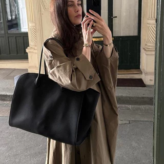 Lune Sac กระเป๋าหนังวัวชั้นบนพรีเมียมขนาดใหญ่ กระเป๋าโททแฮนด์เมดสไตล์มินิมอล สำหรับทำงาน