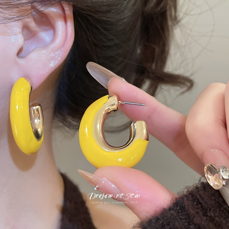 Dreejew Y2K เคลือบ Hoop ต่างหูสีเหลือง Gold-Tone สไตล์ Retro สำหรับผู้หญิง