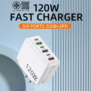 6 พอร์ต อะแดปเตอร์ชาร์จเร็ว 120W PD USB QC3.0 3.1A USB Type C charge สําหรับโทรศัพท์มือถือ