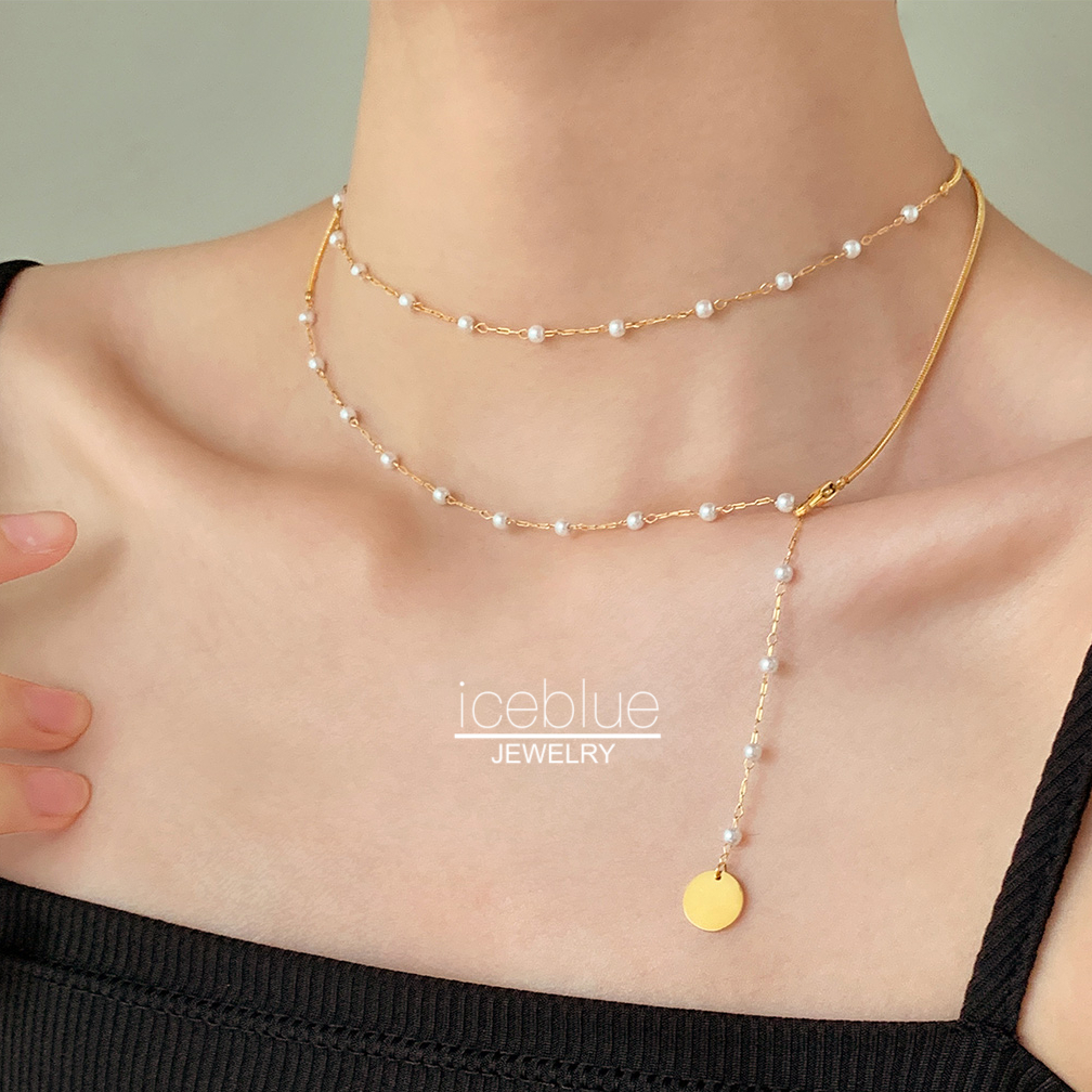 iceblue-สร้อยคอโซ่ยาวจี้เหรียญมุกเว้นระยะแบบสไลด์ปรับความยาวได้ ชุบทอง18K ทำจากสแตนเลส กันน้ำ กันเหงื่อ ไม่ซีดสี สวมใส่ได้หลายแบบ สำหรับสุภาพสตรี N37