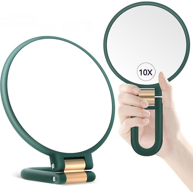 10X ขยายกระจกเดินทาง กระจกมือพร้อมที่จับ – พกพาสะดวก แต่งหน้าผู้หญิง สีเขียว